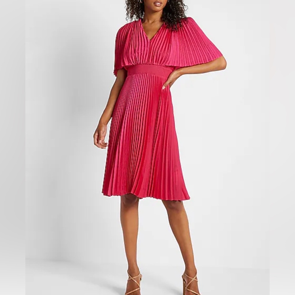 Express Pleated Fuchsia satin dress with attached cape sleeves